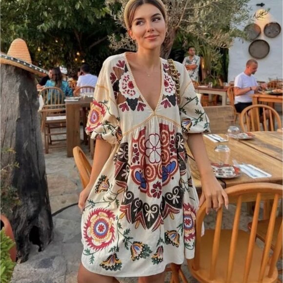 ZARA Embroidered Linen Blend Mini Dress Floral Boho Babydoll V-Neck Medium - Picture 1 of 16
